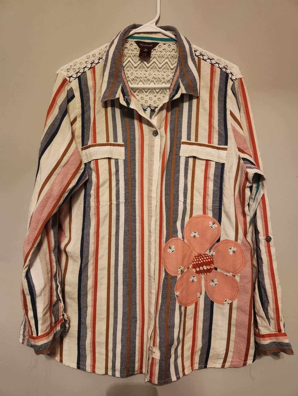Upcycled Button Up. With Floral Embelluahments